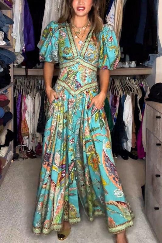 Amelia Quinn | Abito Maxi Arioso con Maniche a Palloncino e Scollatura a V