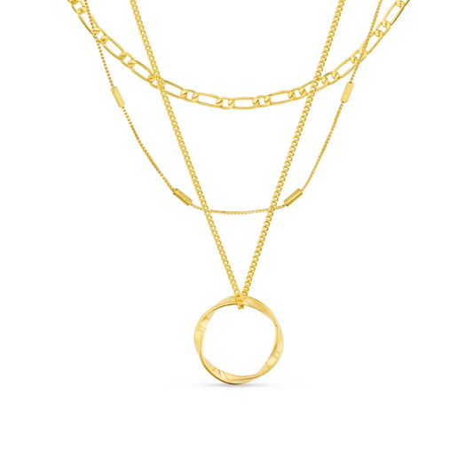 Aya - Collana a tre strati con pendente circolare aperto in oro 18k