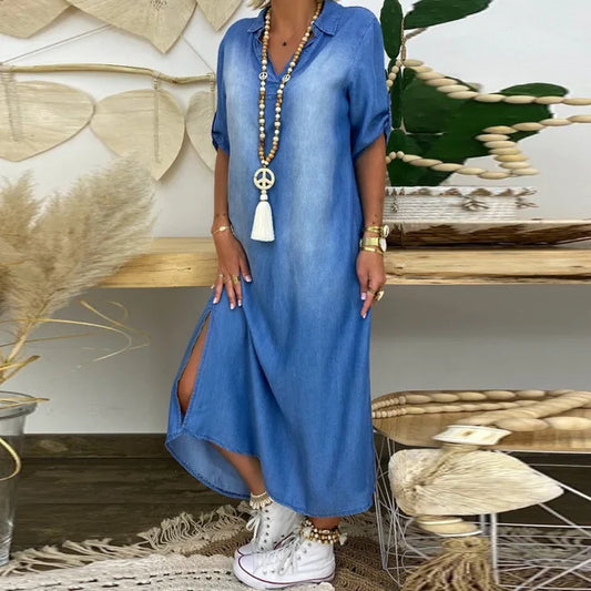 Leviana™ | Abito lungo in denim con fessure laterali