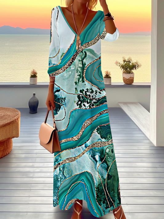 Maya™ – Abito Maxi con Stampa Marmo & Collo a V • Taglie Forti