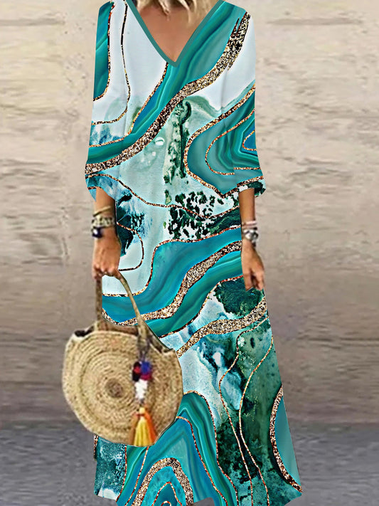 Maya™ – Abito Maxi con Stampa Marmo & Collo a V • Taglie Forti