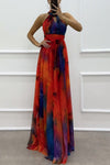 Elaine - Abito lungo con scollo a halter e stampa floreale in tulle