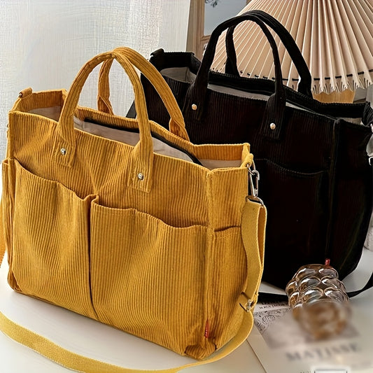 Borsa Tote in Velluto a Coste con Tasche