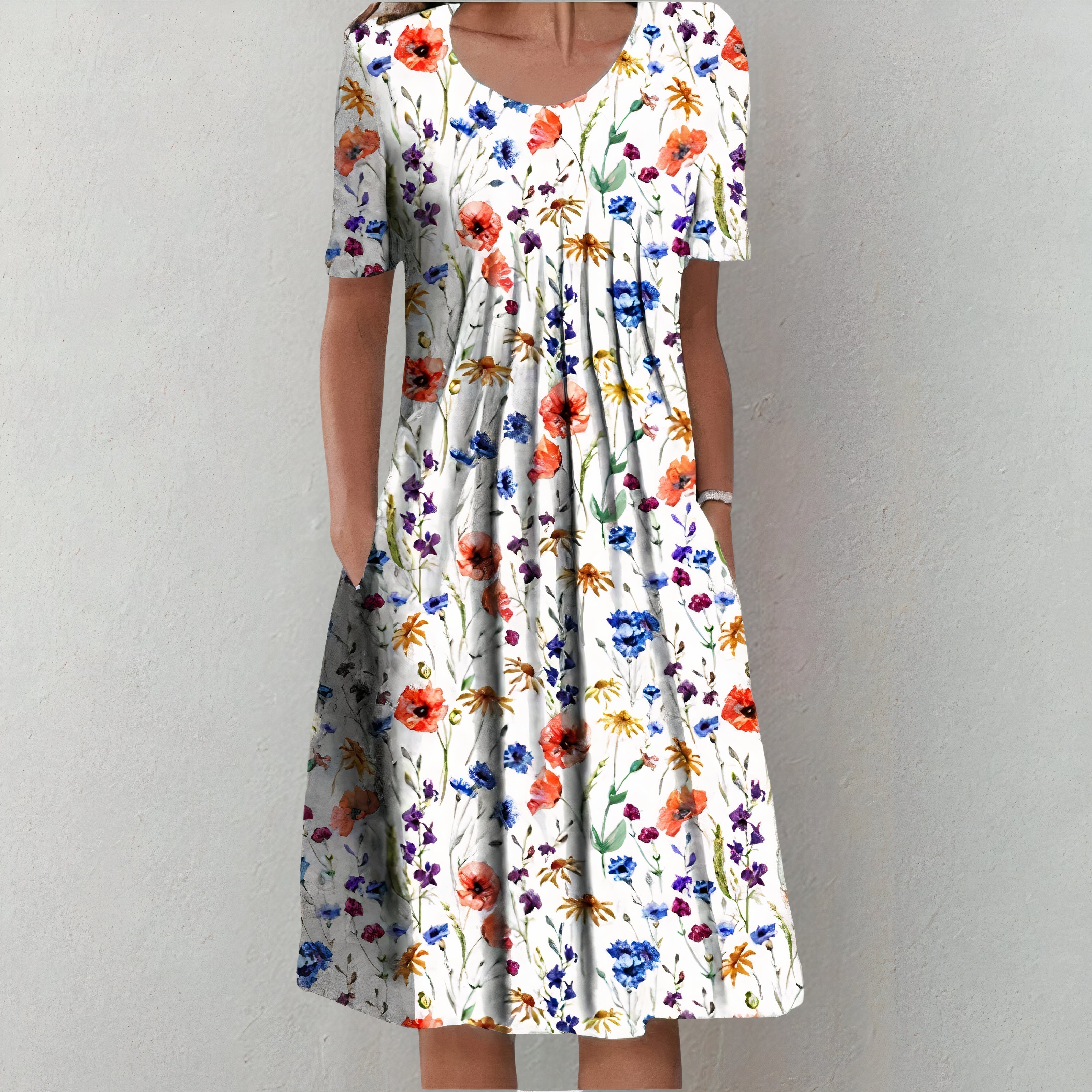 Abito midi in cotone con stampa floreale a blocchi: abito estivo Abito midi in cotone con stampa floreale a blocchi: abito estivo
