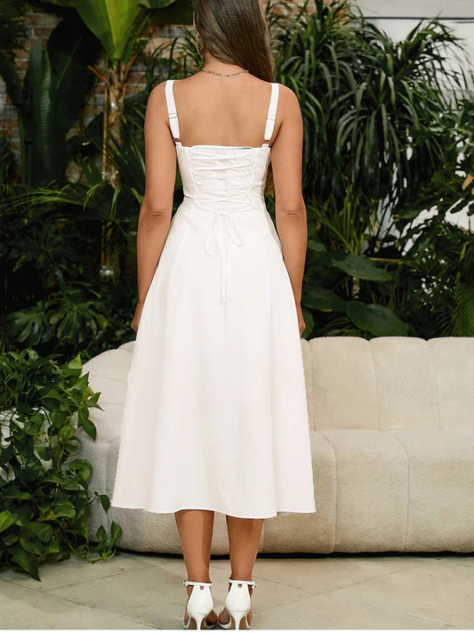 Vana - Abito Midi Bianco con Corsetto e Lacci
