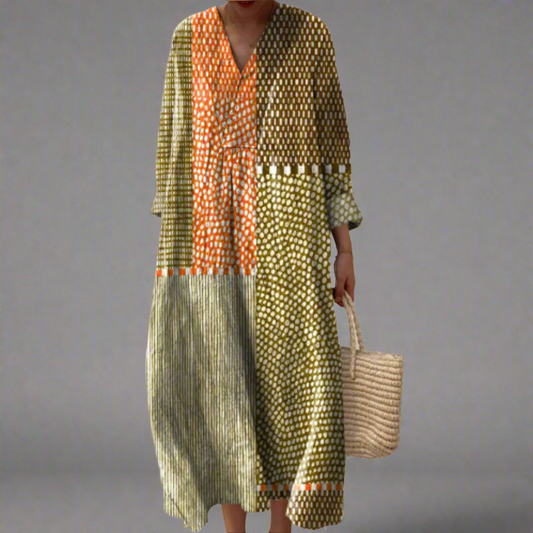 Vivienne™ | Abito midi in patchwork con motivo a pois in tonalità terra