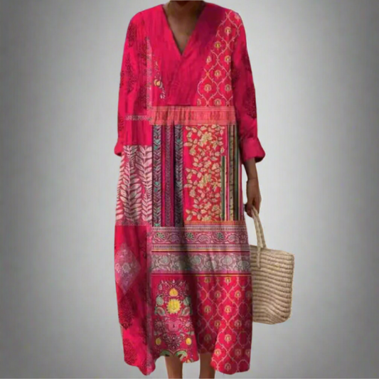 Maisie™ | Abito Midi Boho con Patchwork e Maniche Lunghe