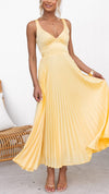 Aby - Vestito Maxi Giallo Plissettato con Scollatura a V