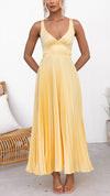 Aby - Vestito Maxi Giallo Plissettato con Scollatura a V