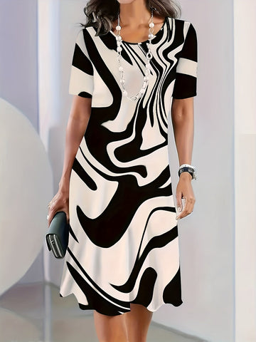 Aurora™ – Abito A-Line Geometrico a Maniche Corte con Collo Rotondo • Casual