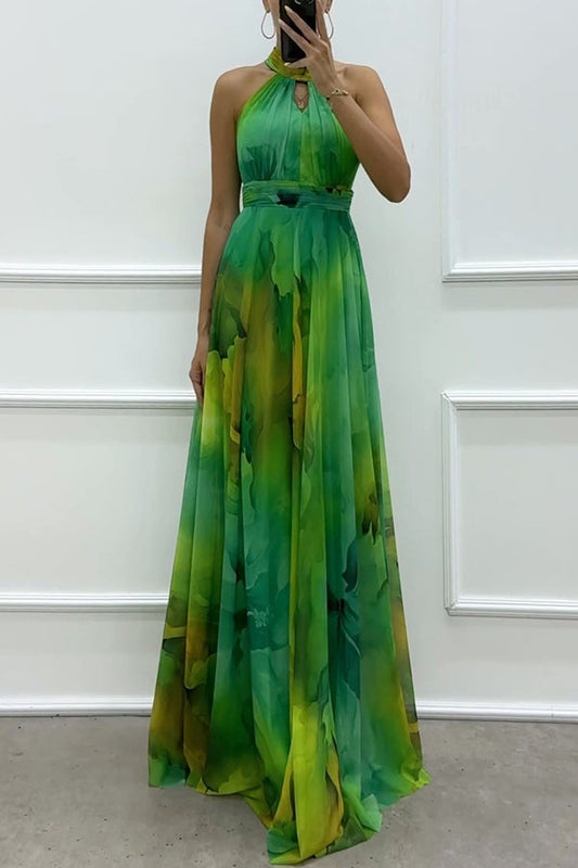 Elaine - Abito lungo con scollo a halter e stampa floreale in tulle