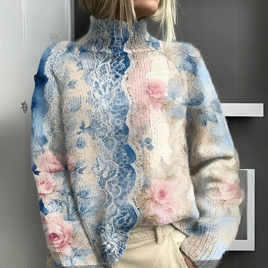Lucille - Maglione a Collo Alto in Maglia con Motivo Floreale in Pizzo