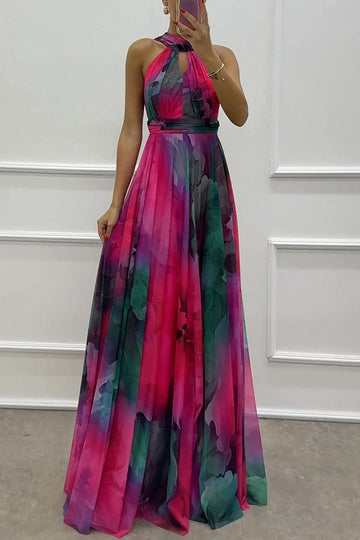 Elaine - Abito lungo con scollo a halter e stampa floreale in tulle