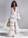 Cardigan Uncinetto Bianco Brillante Donna Scollo a V e Volant