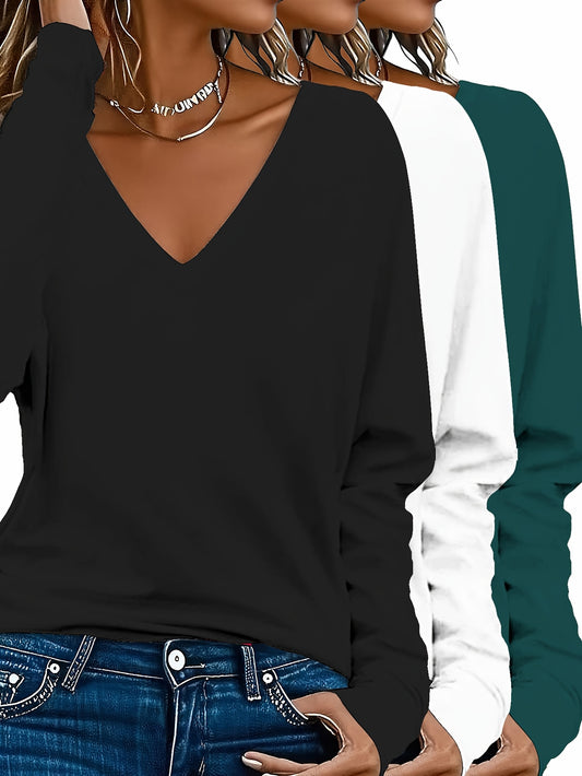 3-Pacchetto Magliette Donna V-Collo a Manica Lunga | Colore Unito, Stile Casual per Uso Quotidiano e Vacanze - Collezione Autunno/Inverno
