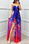 Georgia - Vestito Maxi a Righe Uniche con Rouches a Strati e Scollo Senza Spalline