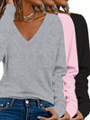 3-Pacchetto Magliette Donna V-Collo a Manica Lunga | Colore Unito, Stile Casual per Uso Quotidiano e Vacanze - Collezione Autunno/Inverno