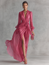 Abito Lungo Elegante Donna in Chiffon Rosa Cipria con Perle