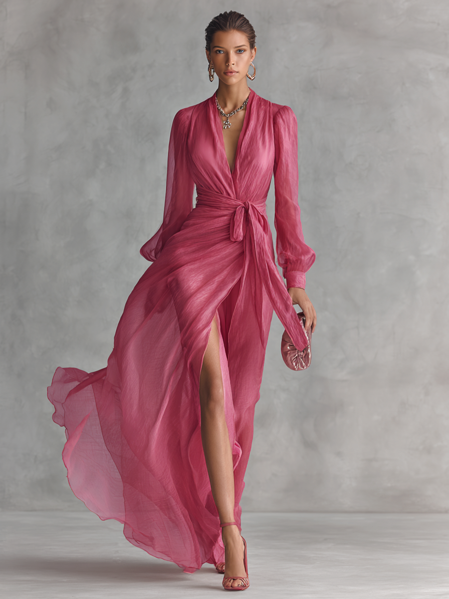 Abito Lungo Elegante Donna in Chiffon Rosa Cipria con Perle