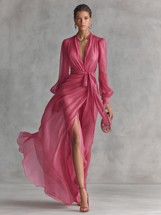 Abito Lungo Elegante Donna in Chiffon Rosa Cipria con Perle