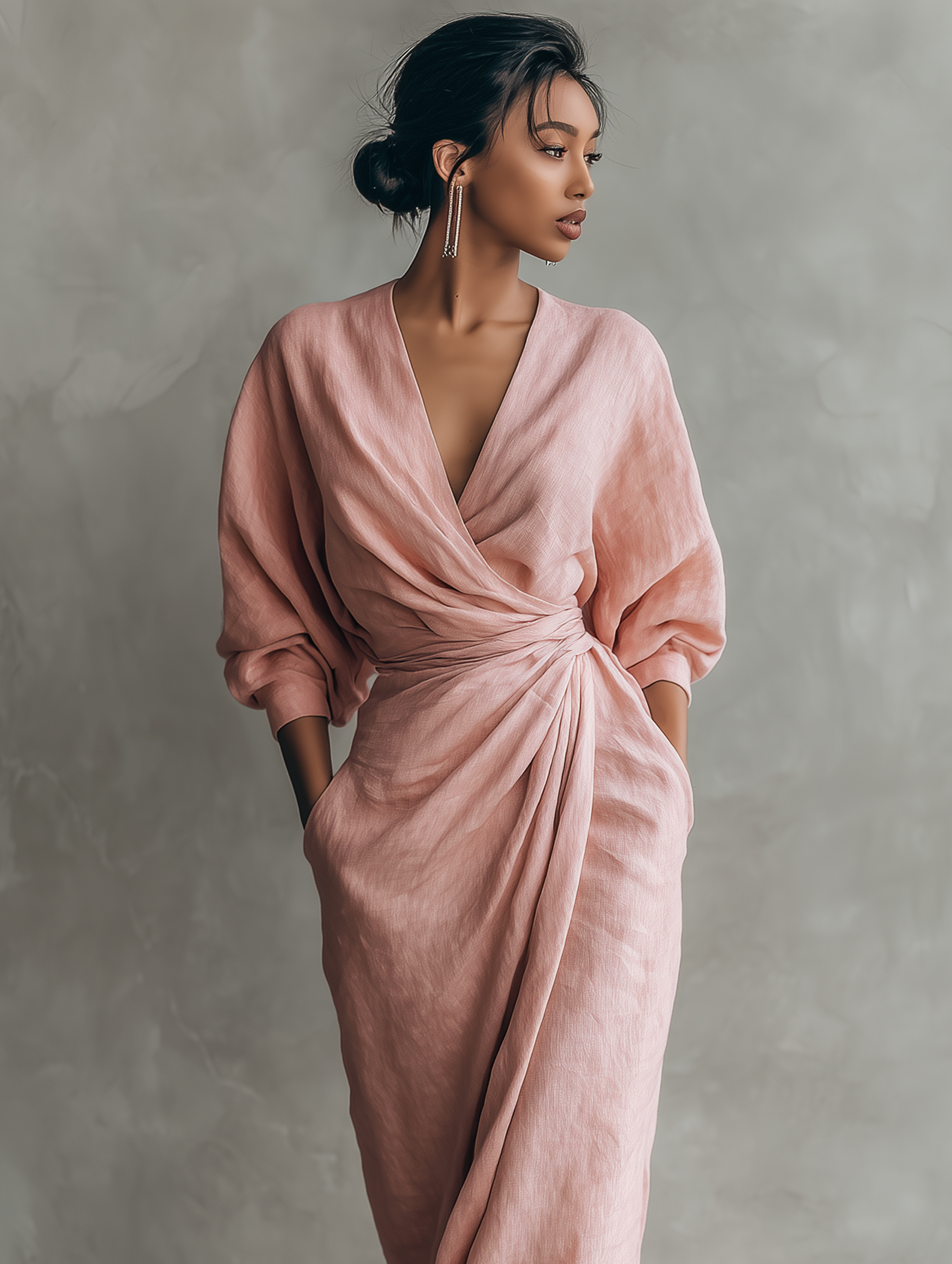 Abito Maxi Minimalista Scollo V in Lino Rosa per Donne