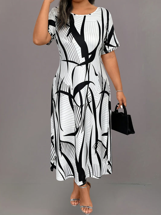 Luna™ – Abito A-Line Allover Taglie Forti • Elegante Midi Maniche Corte