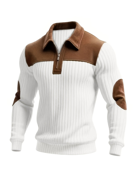 Maglione Jacquard a Maniche Lunghe da Uomo per Autunno-Inverno | Elegante Collo Alto, Zip Frontale, Strisce a Blocchi di Colore, Tunica Casual per il Weekend, Spessa