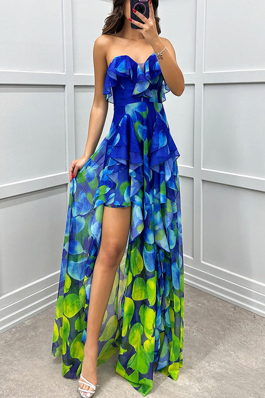 Georgia - Vestito Maxi a Righe Uniche con Rouches a Strati e Scollo Senza Spalline