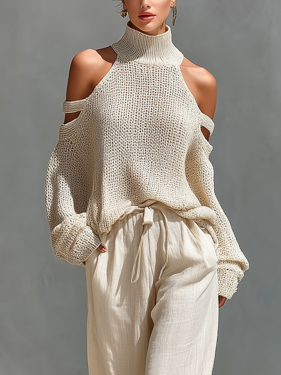 Completo Top Collo Alto Spalle Scoperte in Maglia Beige & Pantaloni Gamba Larga
