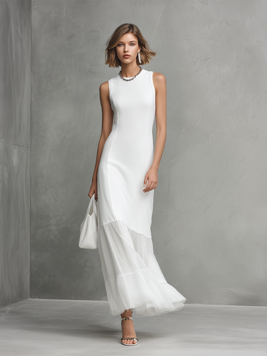Elegante Abito Senza Maniche Bianco da Donna con Seta di Latte e Pannelli in Chiffon