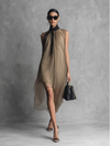 Abito senza maniche in chiffon bicolore cachi e marrone