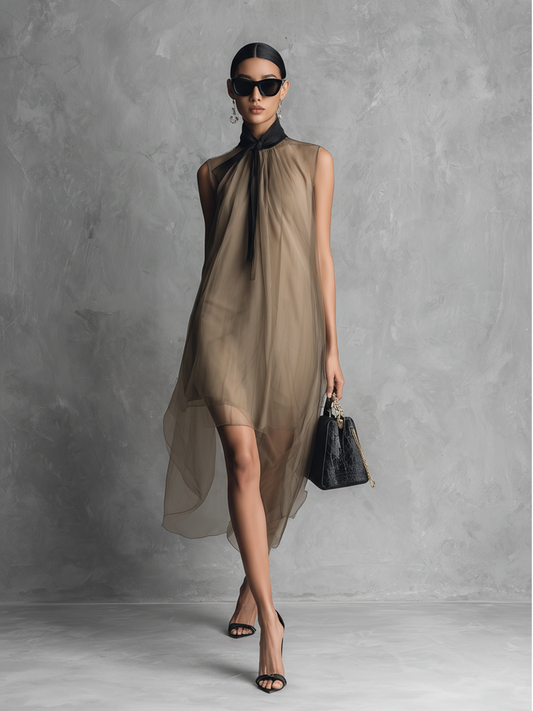 Abito senza maniche in chiffon bicolore cachi e marrone