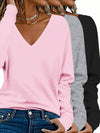 3-Pacchetto Magliette Donna V-Collo a Manica Lunga | Colore Unito, Stile Casual per Uso Quotidiano e Vacanze - Collezione Autunno/Inverno