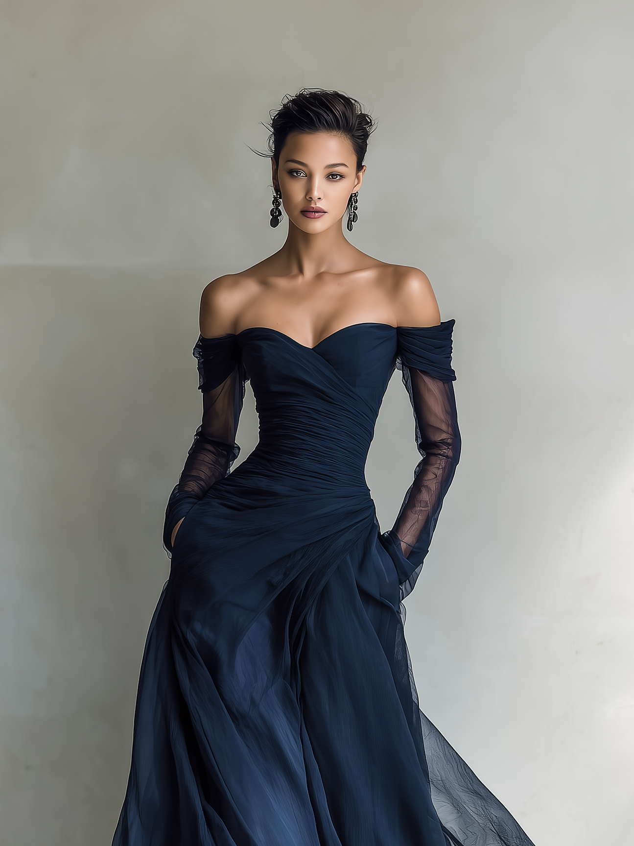 Abito Maxi Elegante in Chiffon Organza Blu Scuro con Maniche Lunghe e Spalle Scoperte