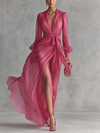 Abito Lungo Elegante Donna in Chiffon Rosa Cipria con Perle