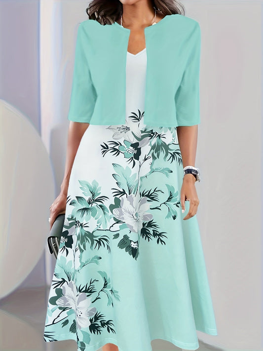 Sienna™ – Set Elegante con Giacca Leggera & Abito Midi • Stampa Floreale