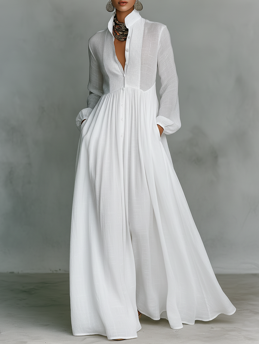 Abito Maxi Minimalista in Cotone e Lino con Patchwork