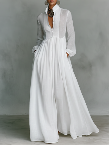 Abito Maxi Minimalista in Cotone e Lino con Patchwork