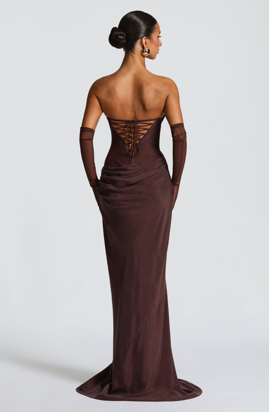ABITO LUNGO DRAPEATO CON SCHIENA CORSET