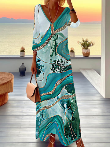 Maya™ – Abito Maxi con Stampa Marmo & Collo a V • Taglie Forti