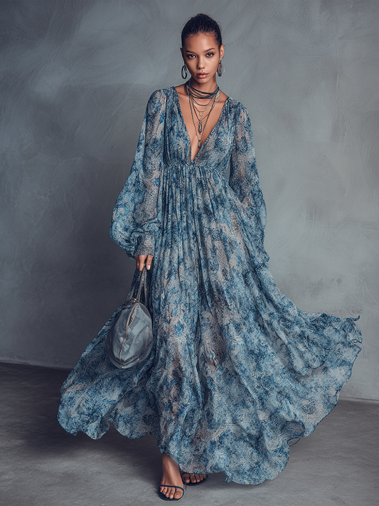 Abito maxi in chiffon con stampa floreale blu stile boho donna