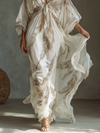 Abito Maxi in Chiffon Avorio e Taupe Maniche Dolman Fronte Arricciato