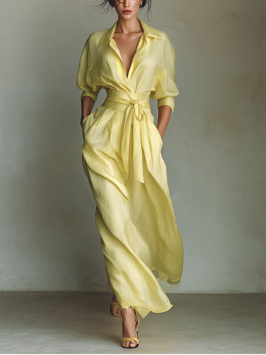 Abito Camicia Maxi Donna Giallo Limone Cotone Lino Cintura Annodabile