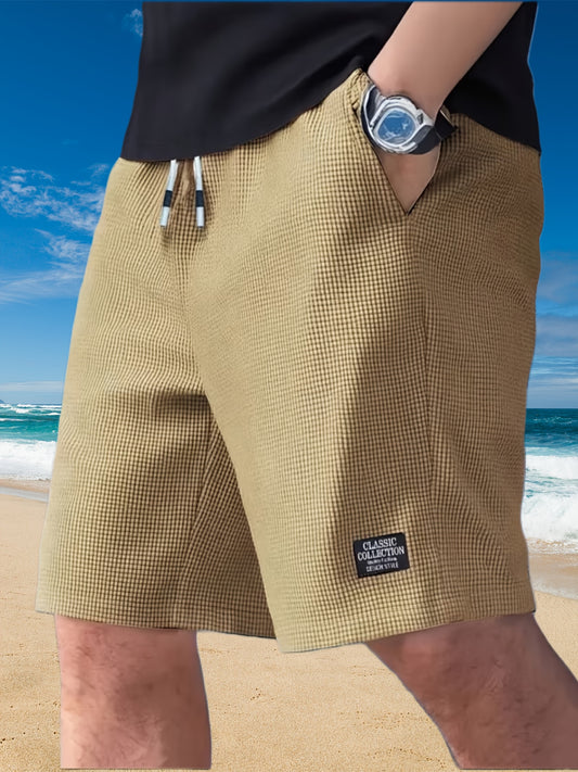 Pantaloni Corti Casual Testurizzati da Uomo con Design a Corda in Vita, Realizzati in Tessuto di Poliestere Leggero, Sono Pantaloni Corti Sportivi Larghi e Confortevoli Adatti per L'uso Quotidiano, Spiaggia o Attività all'Aperto | Pantaloni Corti con Cord