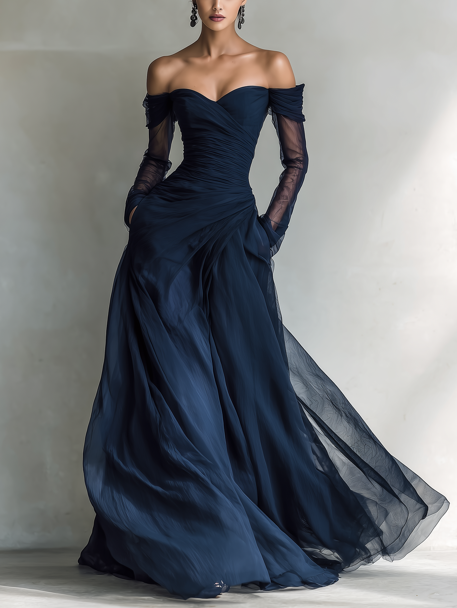Abito Maxi Elegante in Chiffon Organza Blu Scuro con Maniche Lunghe e Spalle Scoperte