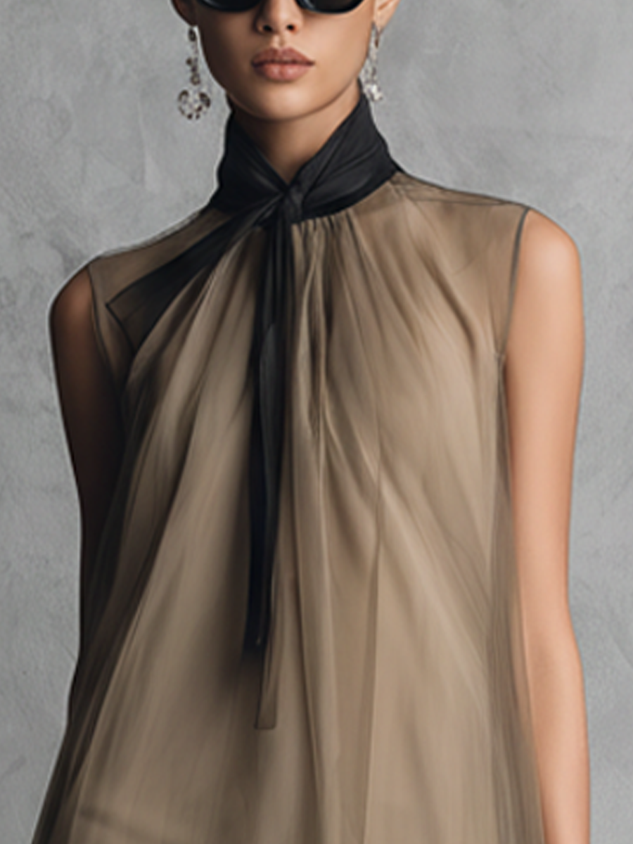 Abito senza maniche in chiffon bicolore cachi e marrone