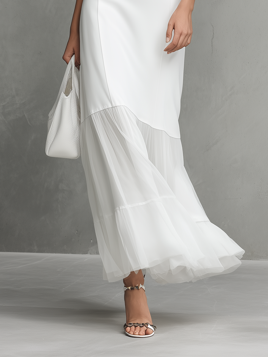 Elegante Abito Senza Maniche Bianco da Donna con Seta di Latte e Pannelli in Chiffon