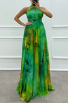 Elaine - Abito lungo con scollo a halter e stampa floreale in tulle