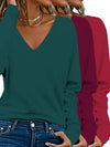 3-Pacchetto Magliette Donna V-Collo a Manica Lunga | Colore Unito, Stile Casual per Uso Quotidiano e Vacanze - Collezione Autunno/Inverno