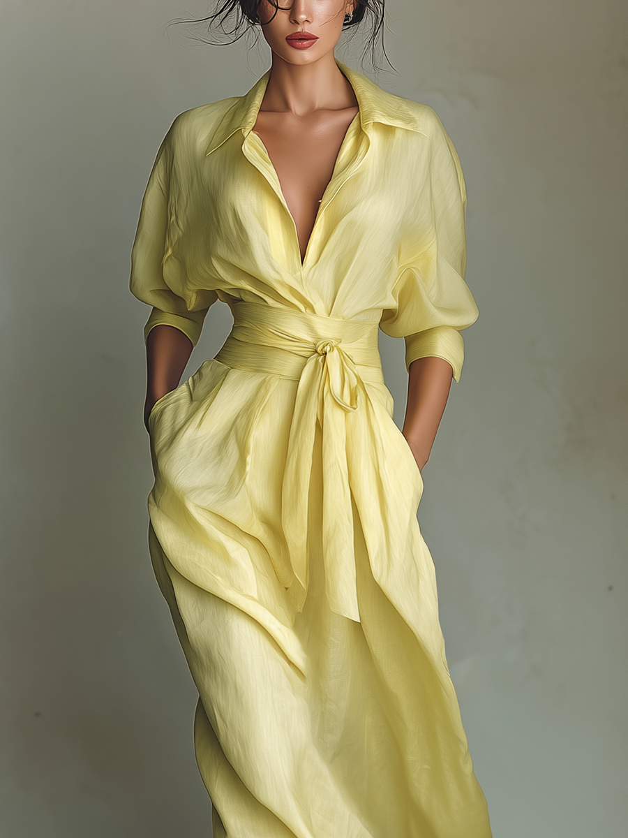 Abito Camicia Maxi Donna Giallo Limone Cotone Lino Cintura Annodabile